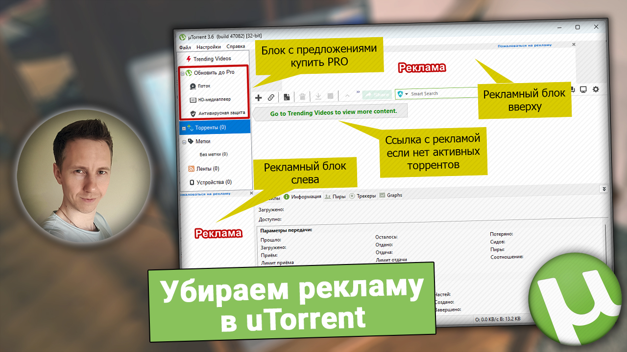 Интерфейс uTorrent с отмеченными рекламными блоками, логотипом программы, надписью - убираем рекламу и лицом молодого парня.