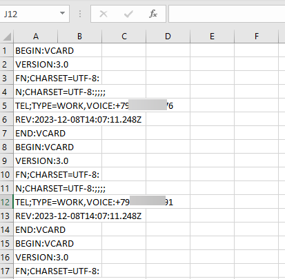 Лист Excel с данными из vCard.