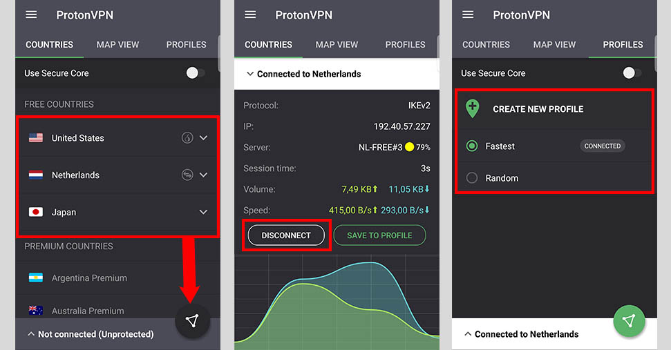 Подключение к серверам VPN-сервиса Протон в программе на Андройд.