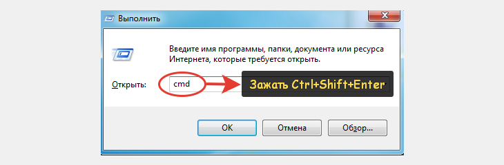 Окно программы "Выполнить" в Windows c введенной командой CMD.
