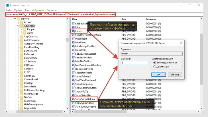 Реестр Windows, обведены ключи Hidden и ShowSuperHidden.