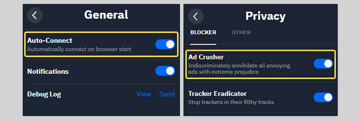 Настройка расширения Windscribe VPN в браузере: опции Auto-Connect и Ad Crusher.