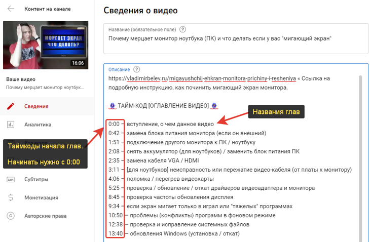 Описание видео в Youtube с таймкодами.