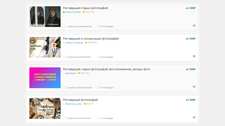 4 примера предложений по реставрации старых фотографий на бирже Kwork.ru.