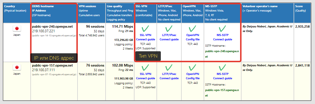 Таблица VPN-серверов в свободном доступе с сайта VPNGate.net с обозначенными параметрами.