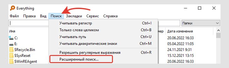 Окно программы Everything, переход к расширенному поиску через меню.