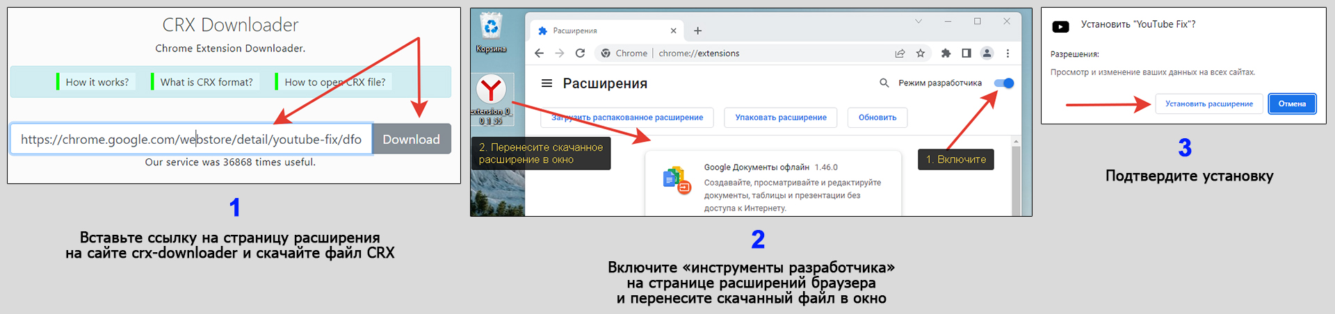 Скачивание расширения в формате CRX и добавление в Google Chrome в режиме разработчика.