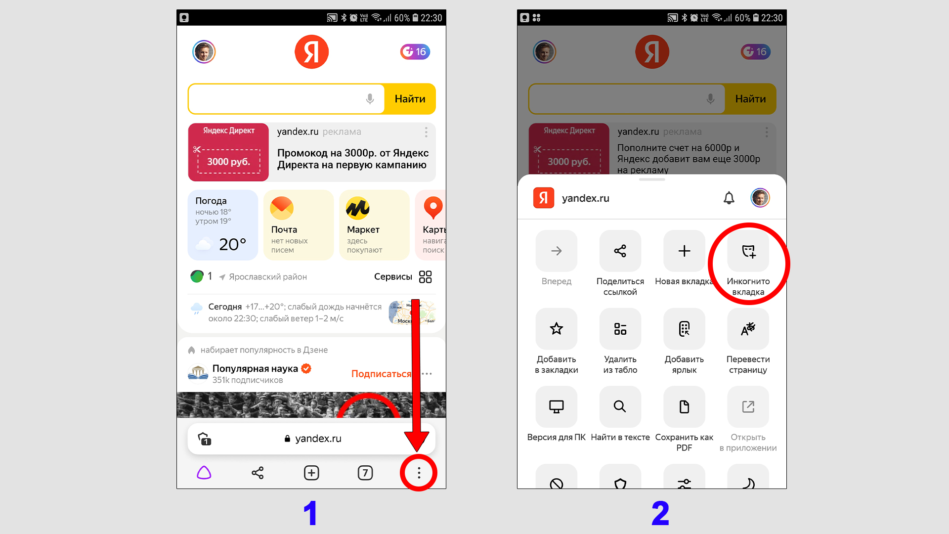 Страницы Яндекса в мобильном приложении Yandex Browser для Android. Меню, выбор инкогнито вкладки.