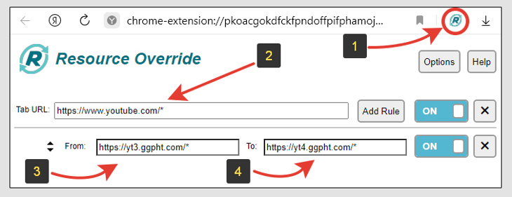 Настройки браузерного дополнения Resource Override для перенаправления трафика на Youtube.
