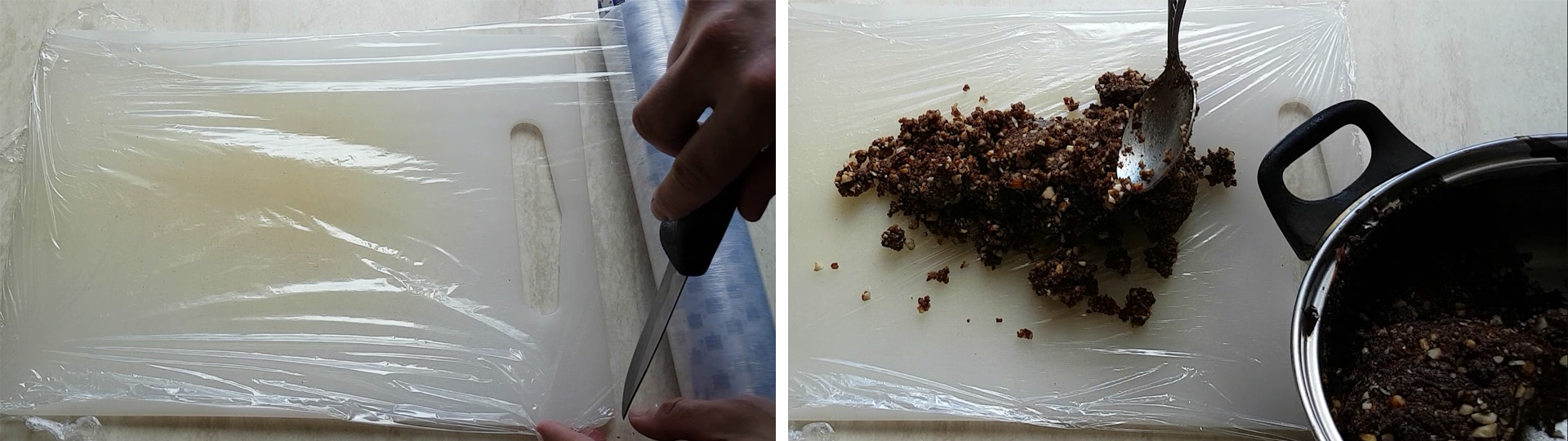 Шаг 5 рецепта: процесс размещения итоговой смеси для шоколадной колбасы на пищевой пленке.