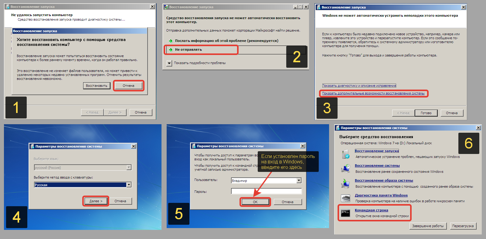 Порядок запуска командной строки через средства восстановления при загрузке Windows 7 или с загрузочной флешки / диска.