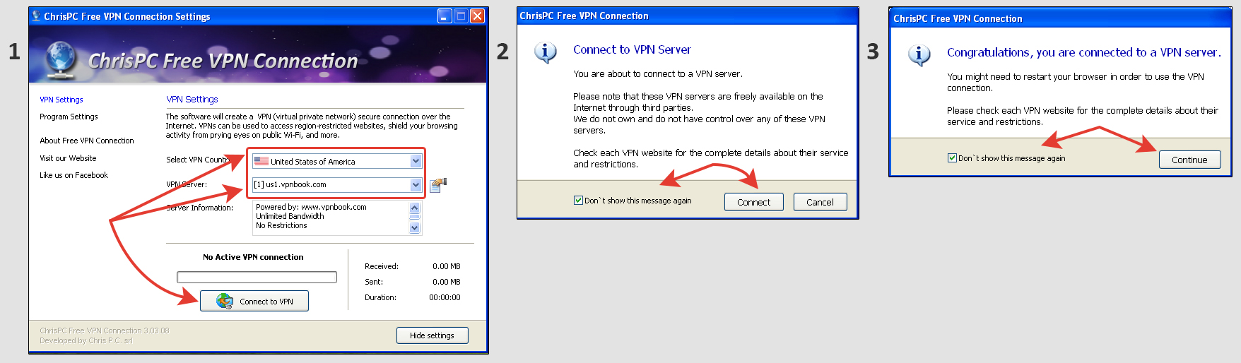 Процедура соединения с серверами VPN в программе ChrisPC Free для Windows XP.