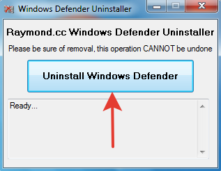 Окно утилиты Windows Defender Uninstaller, кнопка удаления.