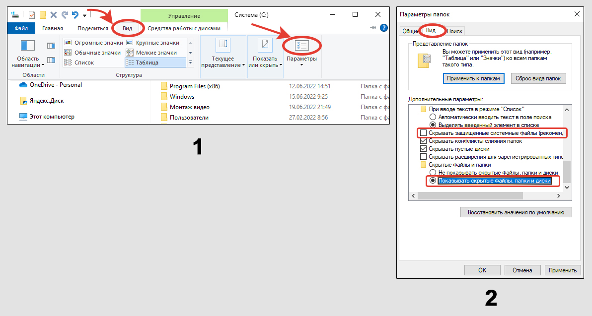 Проводник Windows, вкладка Вид в параметрах папок, опции отображения скрытых файлов.