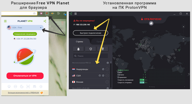 Подключение к серверам на Planet VPN через расширение браузера и в программе Proton VPN для Windows.