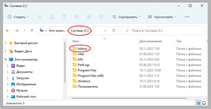 Папка для сохранения логов истории на диске C в Windows.