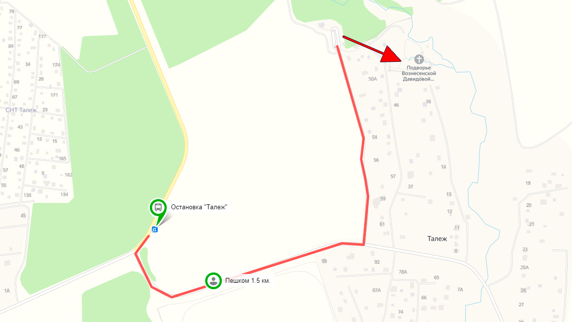 Путь до источника Талеж от автобусной остановки, на карте с указанием ключевых точек