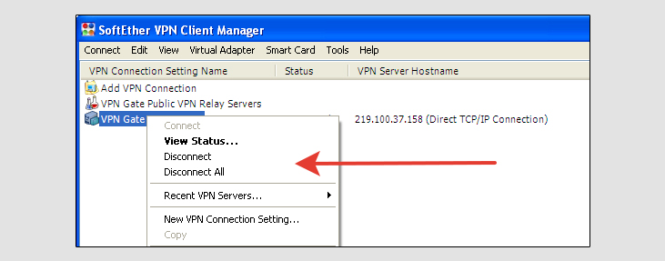 Контекстное меню VPN Gate на Windows XP с вариантами отключения от серверов.