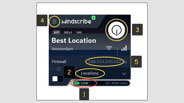 Окно с обозначением кнопок Windscribe, как пользоваться.