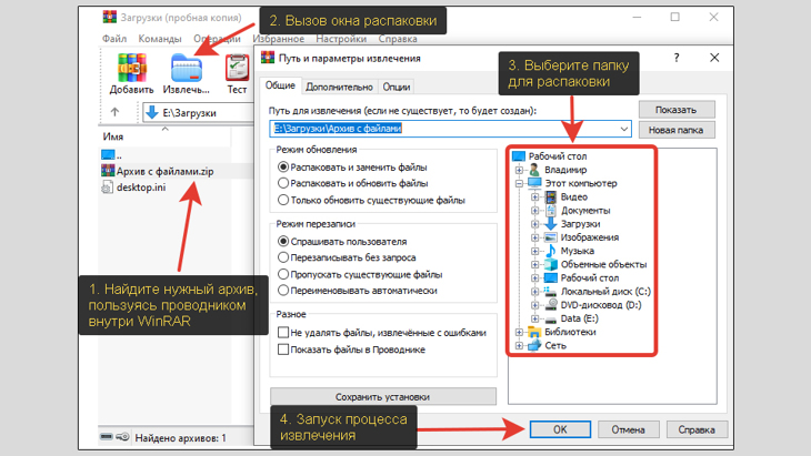 Извлечение архива в интерфейсе программы WinRAR в 4 этапа.