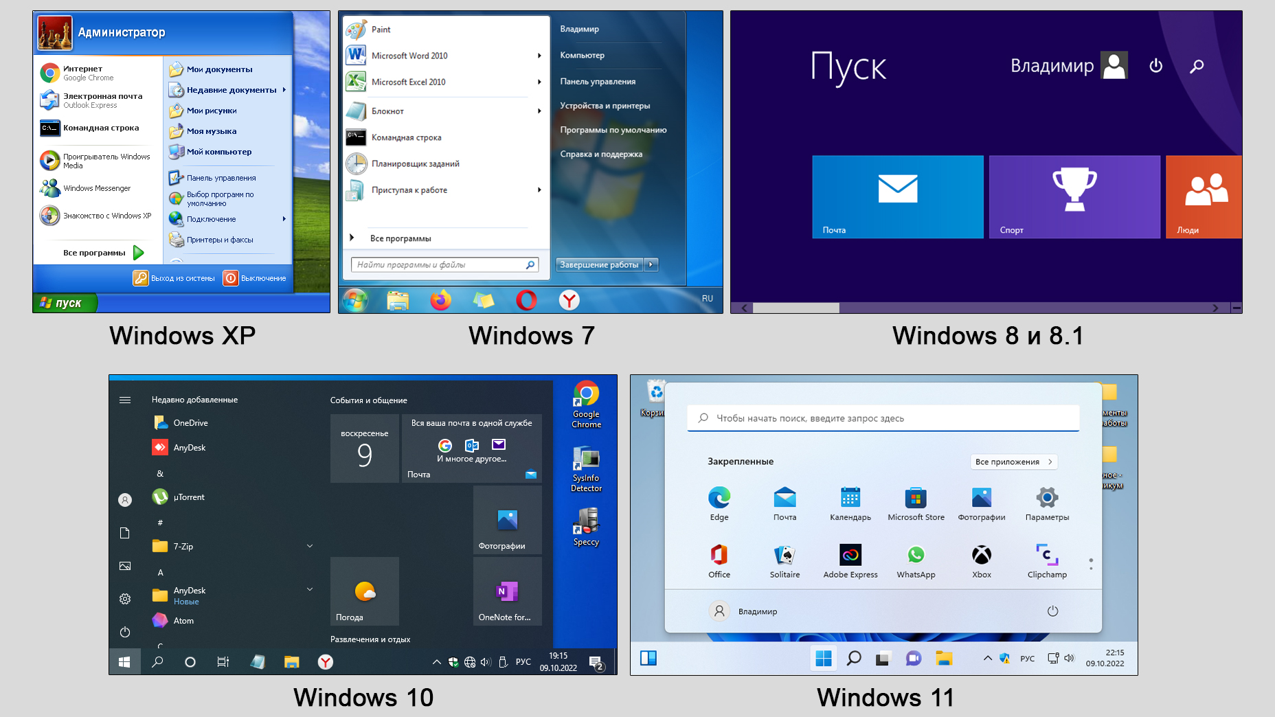 Отличия меню Пуск всех версий ОС Windows.