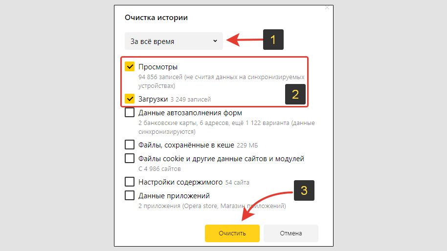 Окно очистки всей истории просмотров и загрузок Яндекс браузера.