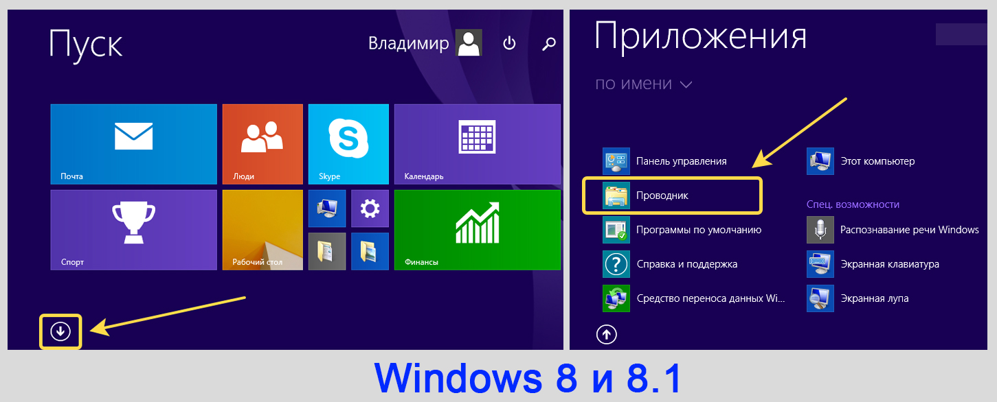Меню Пуск Windows 8 и 8.1, кнопка проводника.