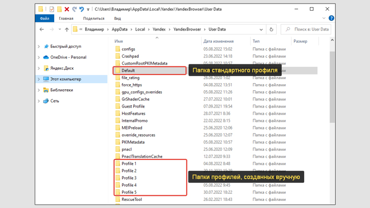 Папка User Data в Yandex Browser на компьютере Windows. Обведены директории с профилями браузера.