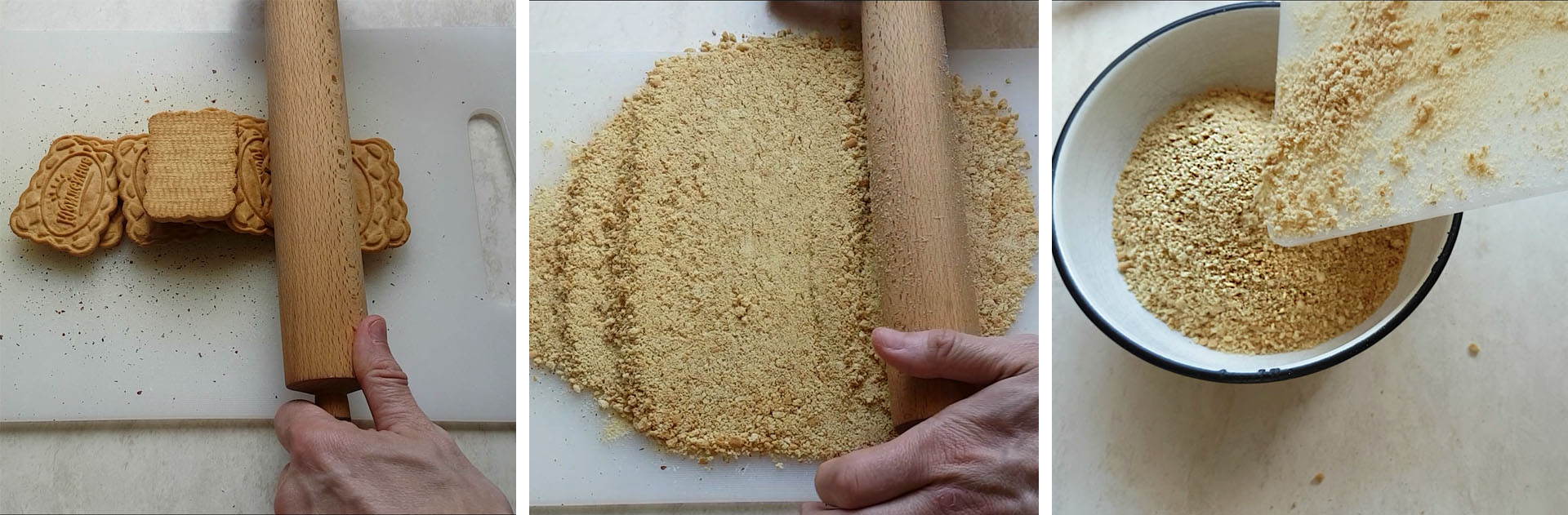 Второй шаг: процесс измельчения печенья при помощи скалки на кухонной доске и ссыпание в посуду с орехами.