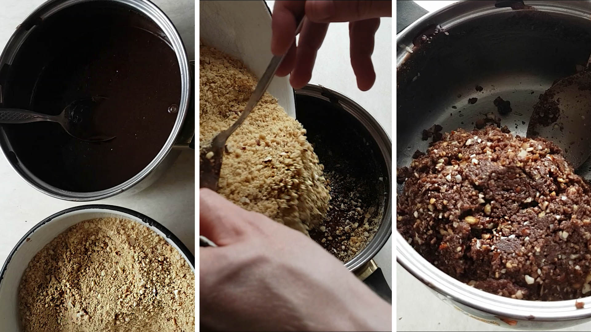 Четвертый шаг: процесс смешивания жидкости из сахара, какао-порошка и молока со смесью из орехов и печенья для чайной колбасы.