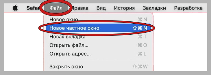 Меню Файл - новое частное окно на компьютере MacOS.