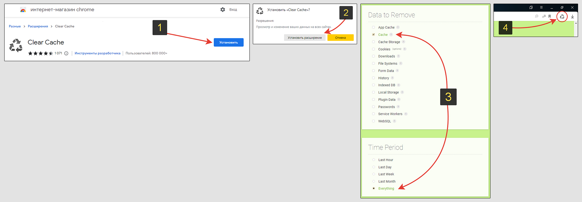 4 этапа установки расширения Clear Cache в Яндекс браузера, настройка.