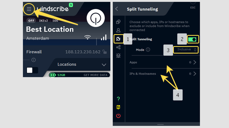 Split tunneling Windscribe в программе для Windows.