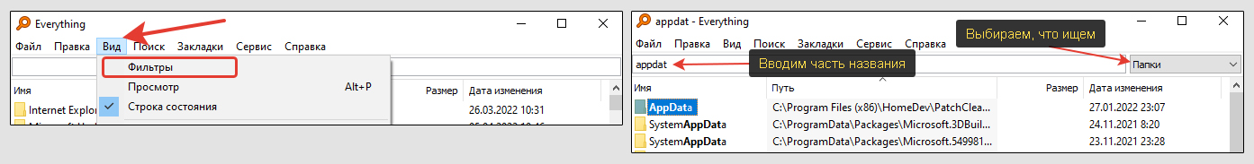 Быстрый фильтр поиска папок в приложении Everything на примере AppData.