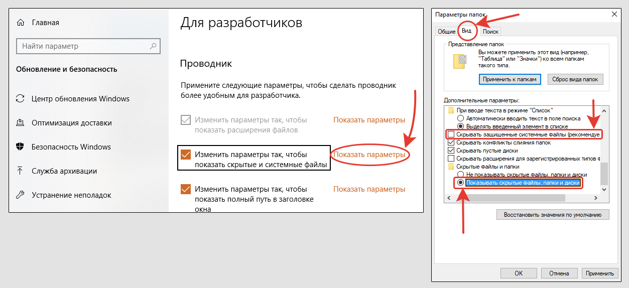 Слева параметры Windows 10 "Для разработчиков", переход к настройкам скрытых файлов и папок. Справа вкладка "Вид" с опциями защищенных элементов.