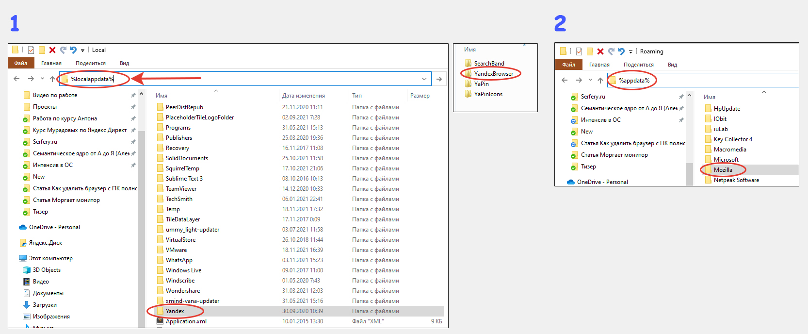 Удаление папок браузера в каталогах Local и Roaming в Windows 10, 8, 7 и Vista.