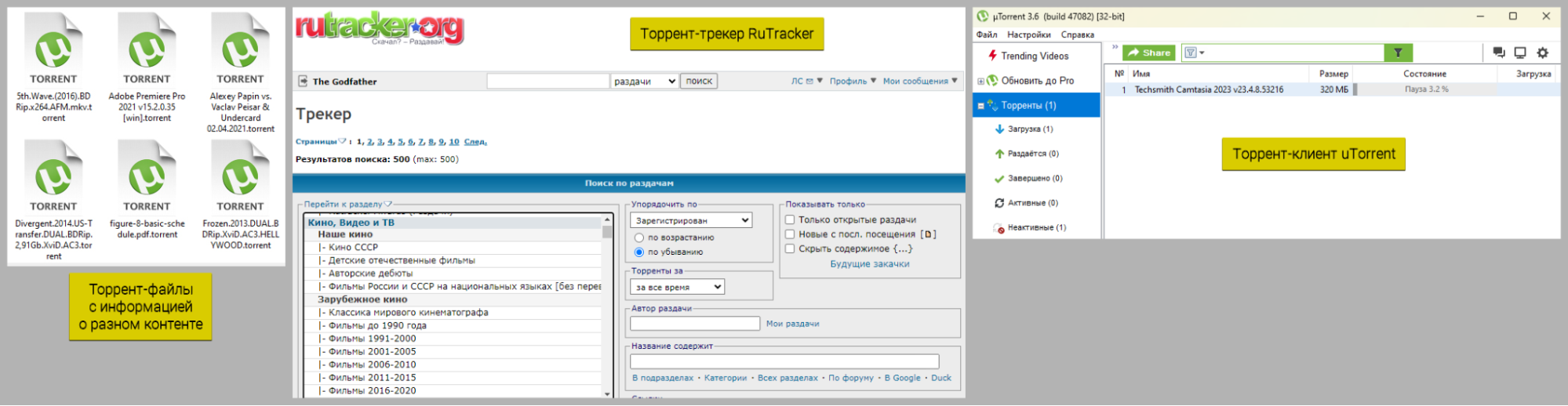 Примеры, как выглядят торрент-файлы в Windows, торрент-трекер RuTracker.org, окно торрент-клиента uTorrent.