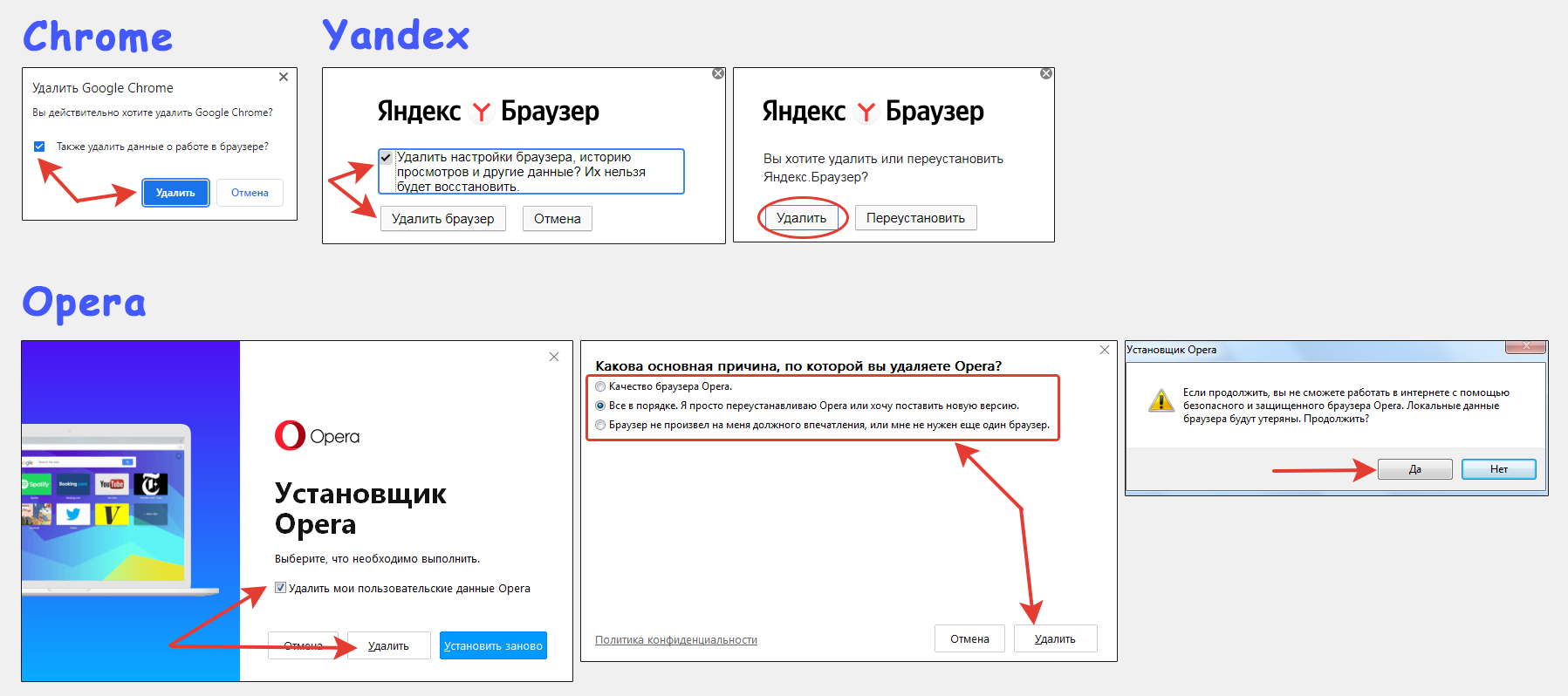 Так выглядит удаление обозревателей Google Chrome, Яндекс, Opera в Windows.