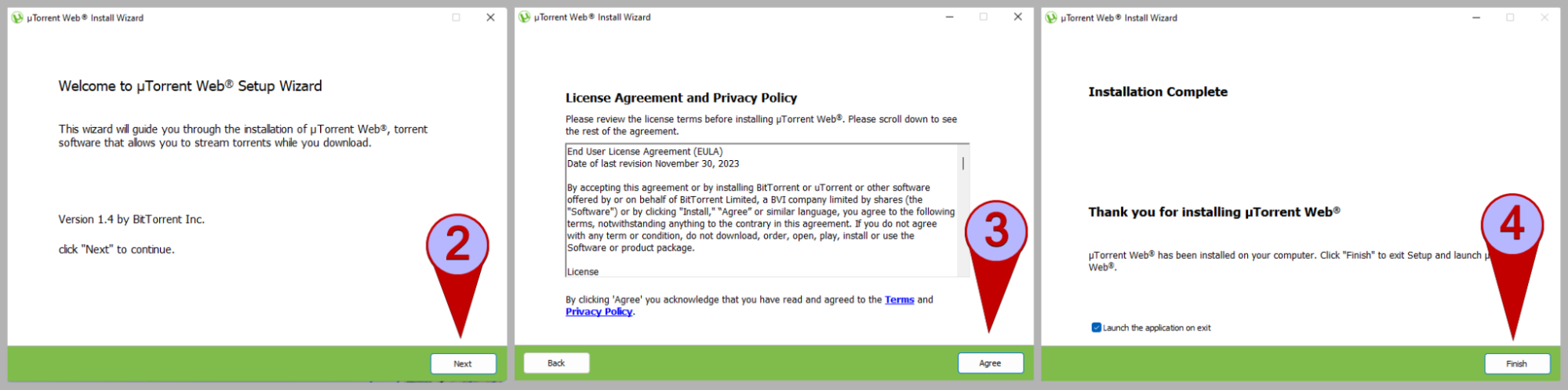 Пошаговый процесс установки uTorrent Web в Windows, показано на 3-х скриншотах.