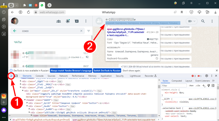 Выделение тега html, где отображены участники группы WhatsApp.