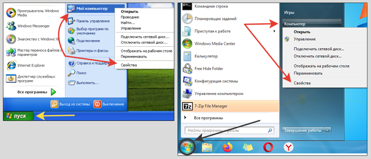 Открытие окна свойств системы с помощью меню Пуск в Windows XP и 7.