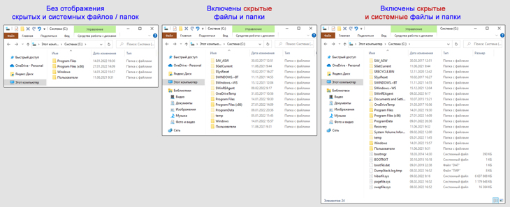 Слева проводник Win 10 без отображения скрытых элементов. По центру показаны только скрытые файлы и папки на диске