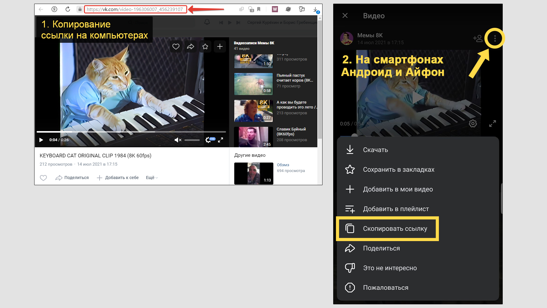 Окна ВКонтакте компьютера и телефона. Копирование ссылки на видео ВК.