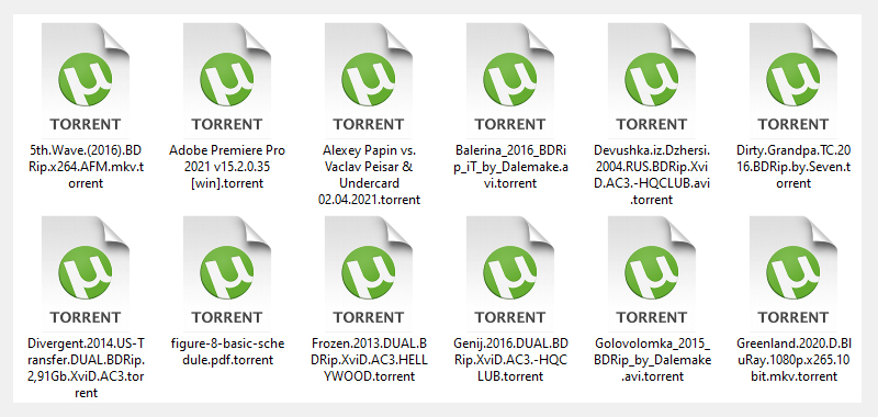 Торрент-файлы отображаются в Windows с расширением .torrent. Пример файлов программы uTorrent.