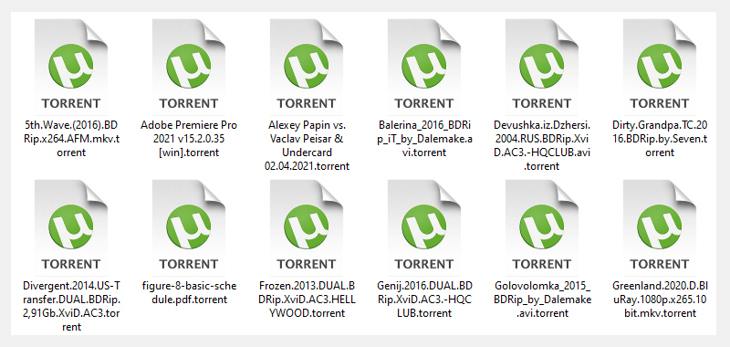 Торрент-файлы отображаются в Windows с расширением .torrent. Пример файлов программы uTorrent.