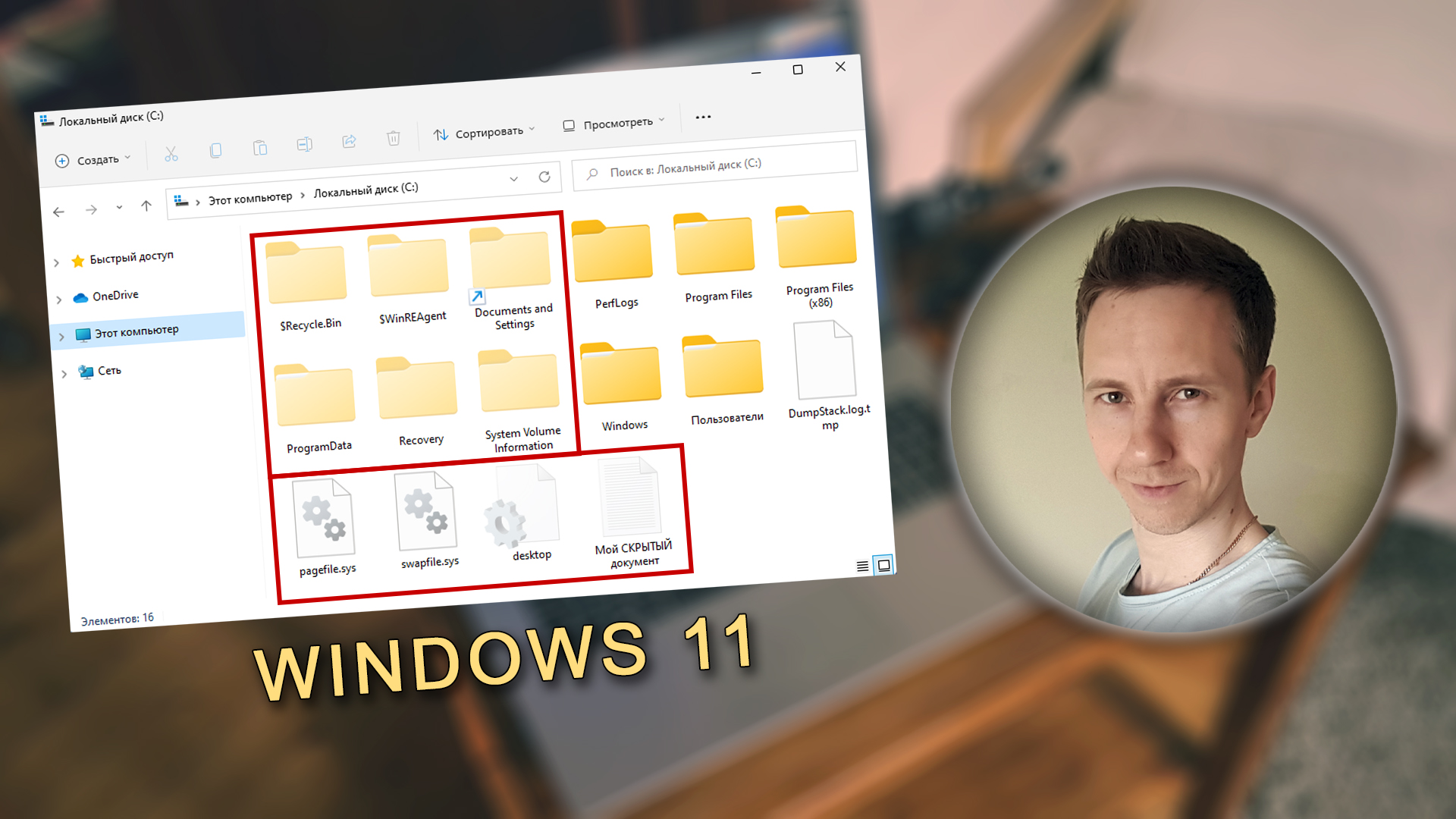 Лицо Владимира Белева с кружке, размытый фон, окно проводника Windows 11 со скрытыми файлами и папками.